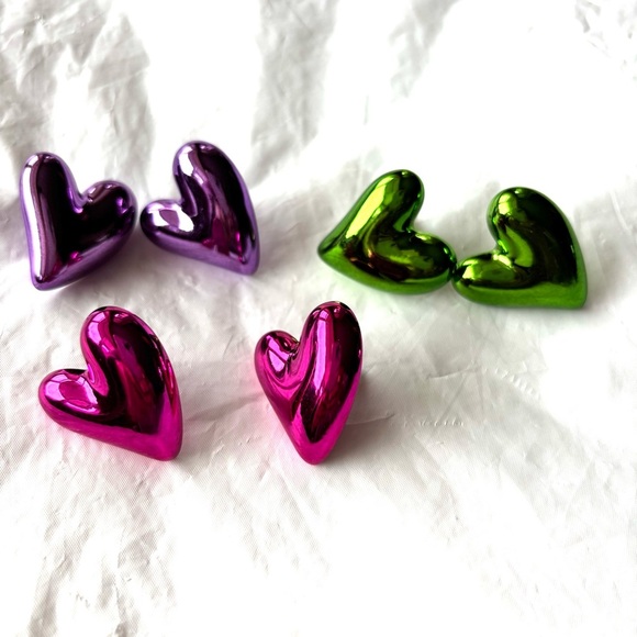 Jewelry - Earrings Heart Metallic Pink Purple Green Pierced. 3 pairs. NWT